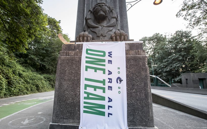 VANCOUVER, BC - JULY 29, 2020:  The Vancouver Canucks place towels around the city of Vancouver in support of the Canucks 2020 NHL Playoff run on July 29th, 2020 in Vancouver, British Columbia, Canada.  (Photo by Devin Manky)